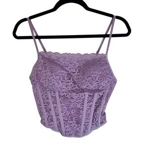 ReoRia Purple Floral Lace Corset Crop Top Sleeveless Zipper Back Camisole Medium